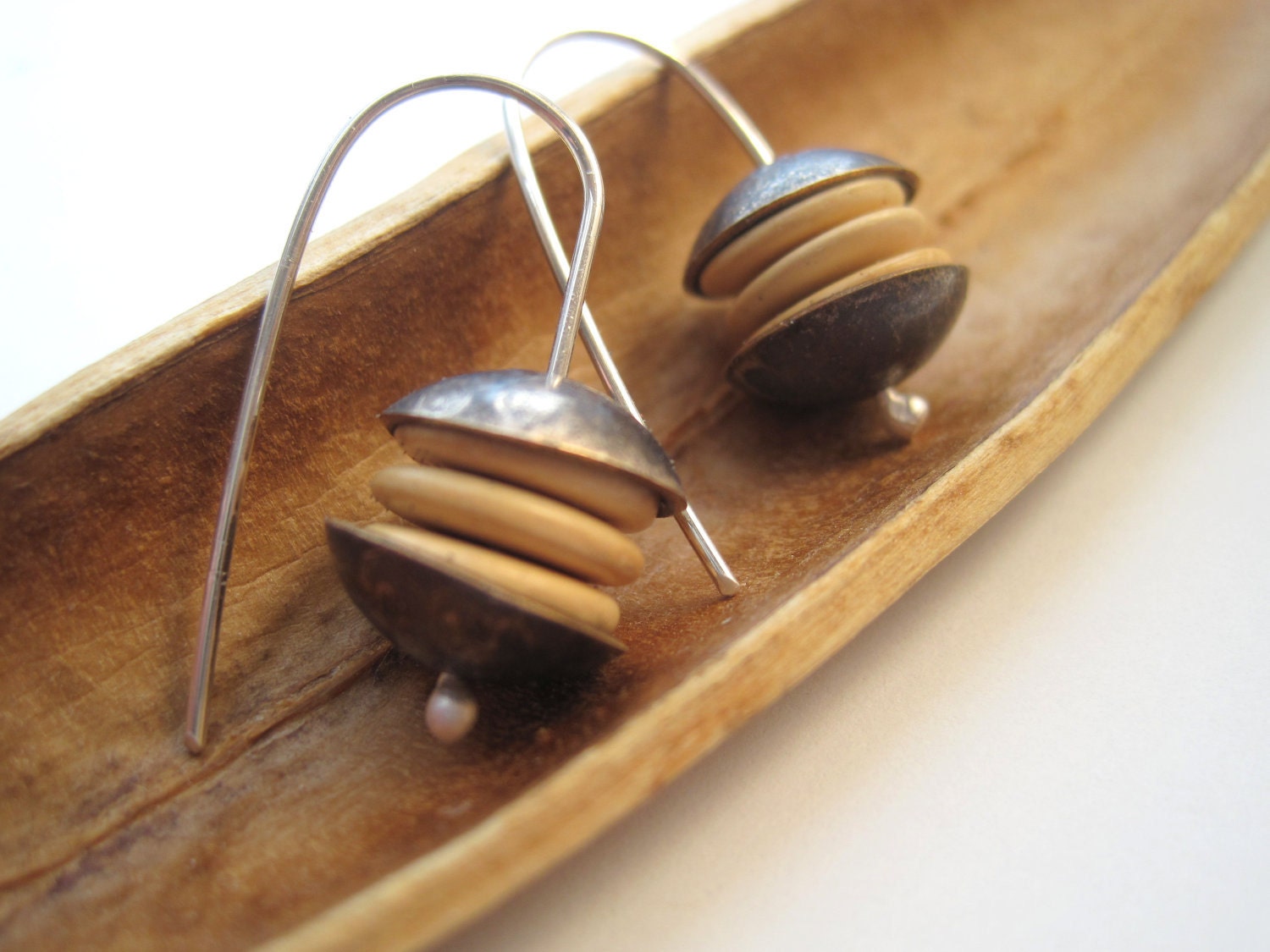 Wood, Brass and Silver Disk Earrings