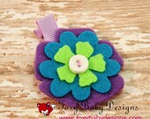 Hair Clip - Small Flower  Purple, Turquoise, and Green Felt  No Slip