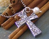Antique cross... hand stamped fine silver and fresh water pearl cross necklace