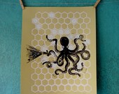 OCTOPUS LOVE SEARCH - linocut print on gold paper