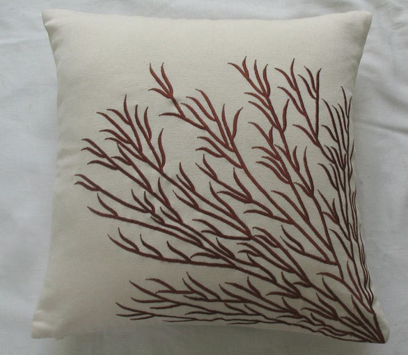 off white throw pillow brown coral branch embroidery 18 inch cushion cover