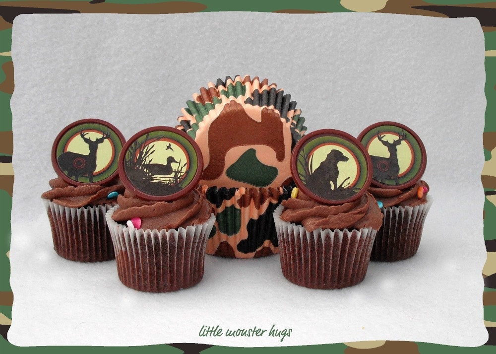 Hunting Cupcake Ring Toppers & Camouflage Baking Cups (Qty 24)