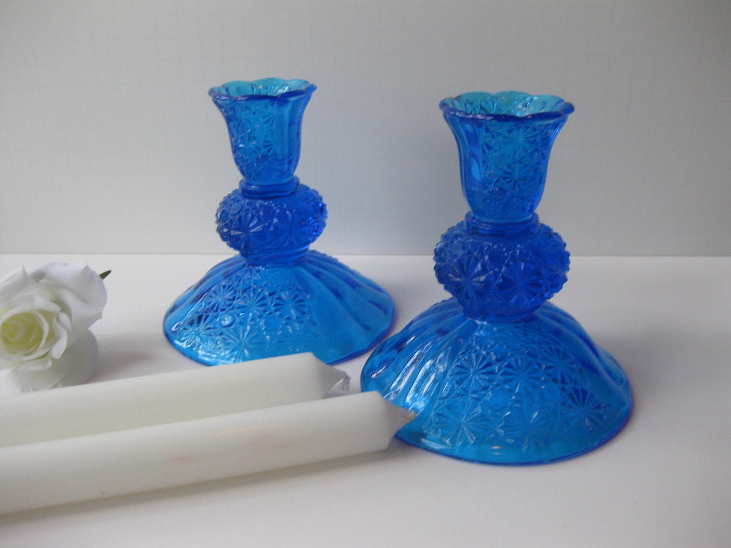 Vintage Brilliant Blue Daisy and Buttons Elegant Candleholders Pair