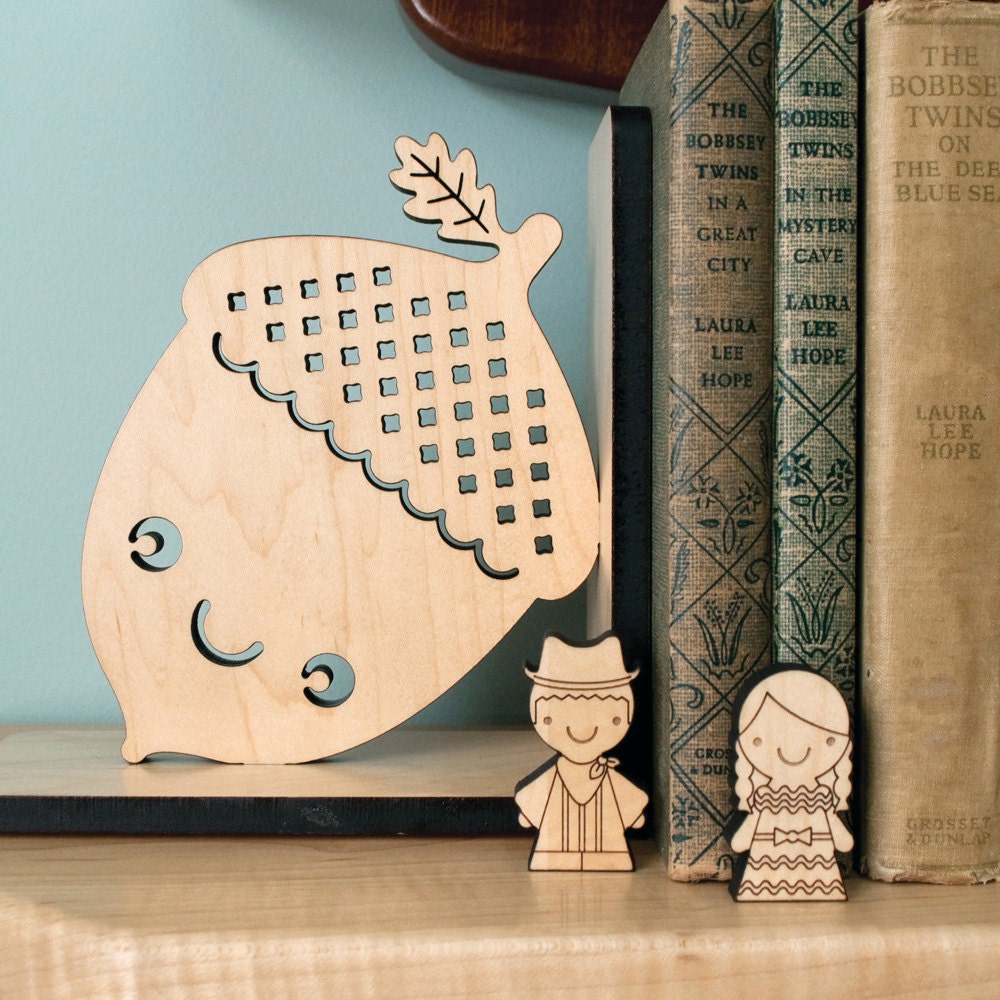 Happy Acorn Wood Bookend- Modern Baby Nursery Children