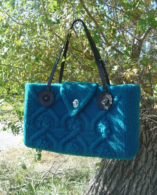 OOAK Original Design Steeples On the Plains Cable Knitted Handbag Purse with Paisley Corduroy Lining