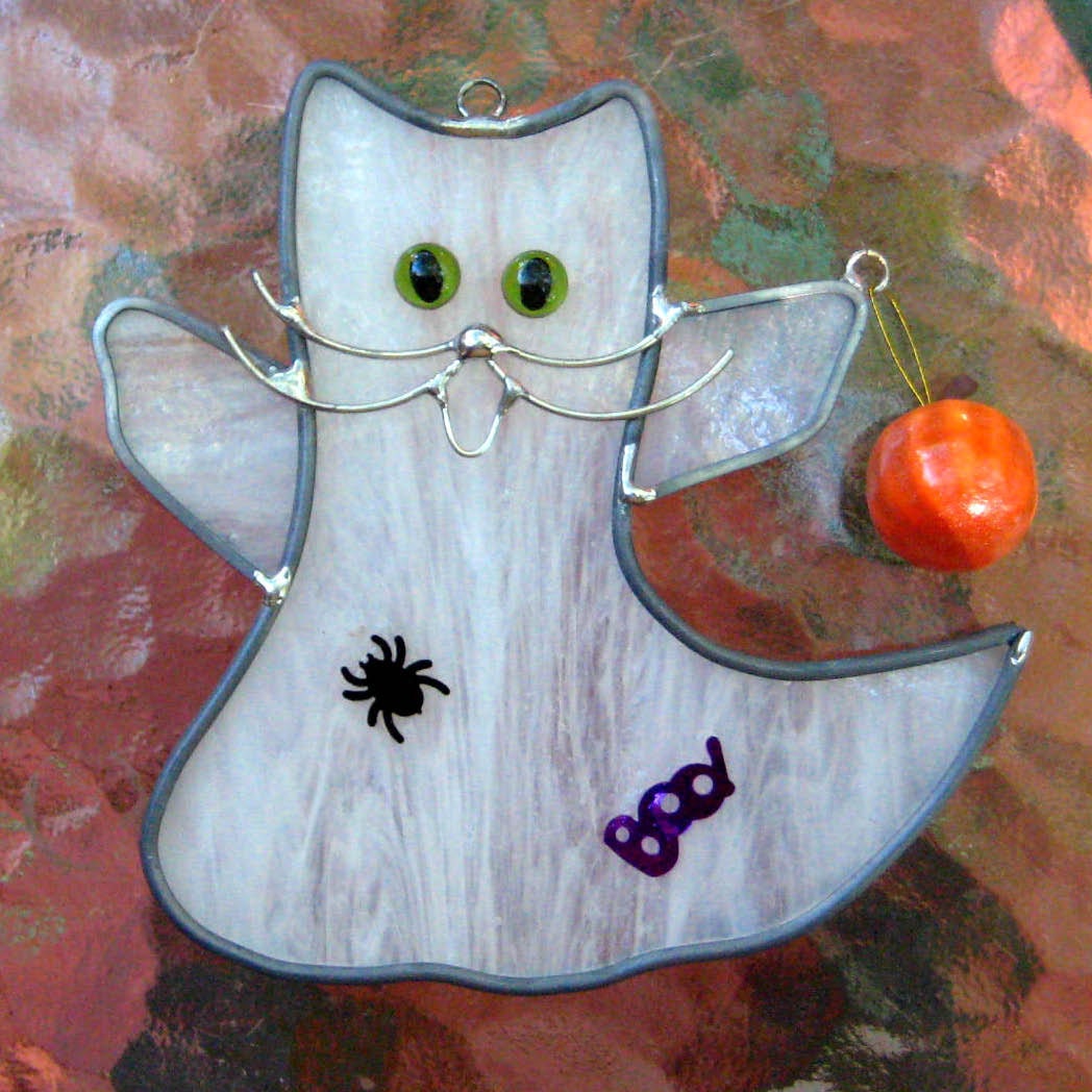 Stained Glass Halloween Cat Ghost Suncatcher