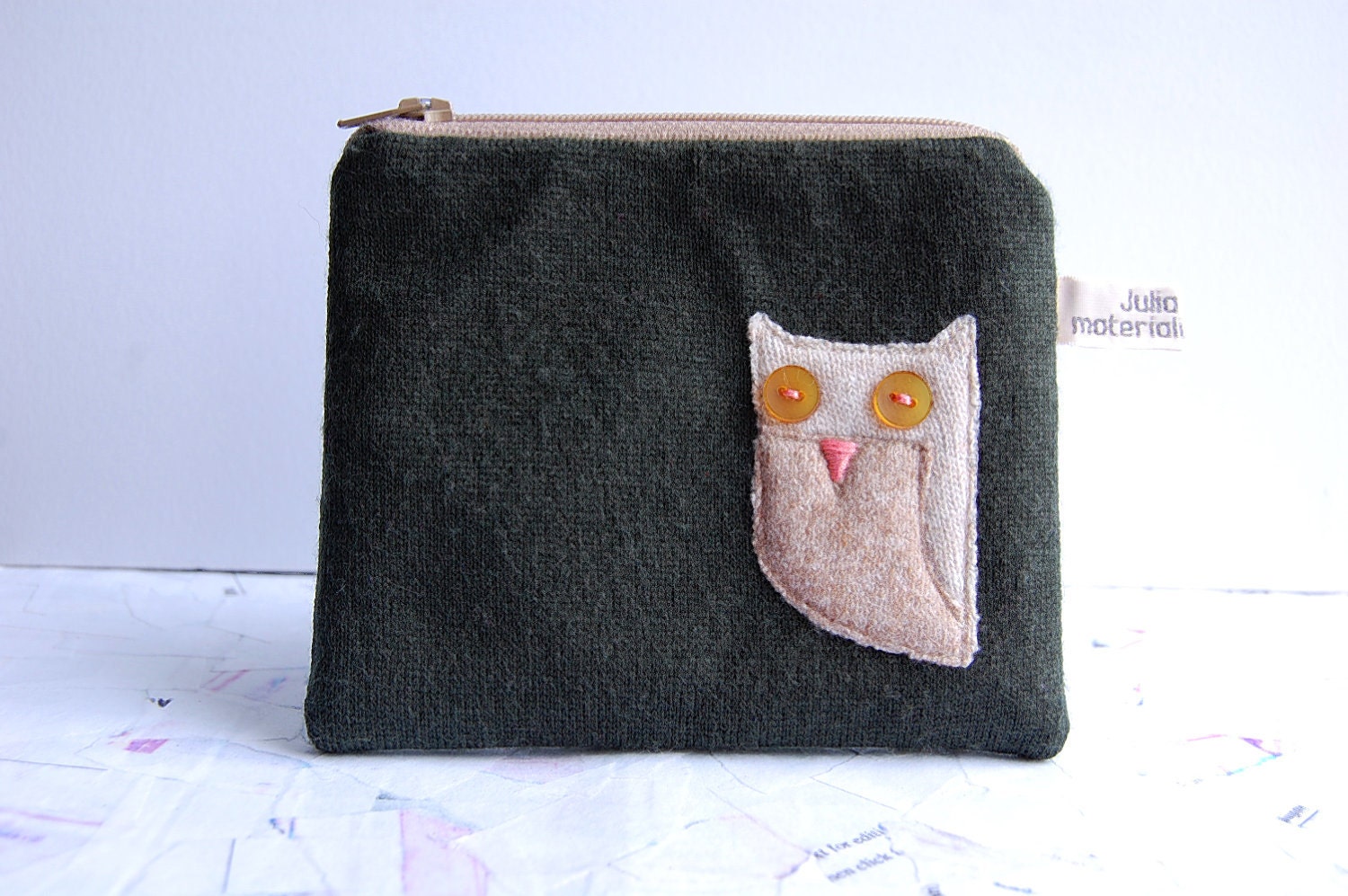 Owl coin purse with button eyes made from dark green wool