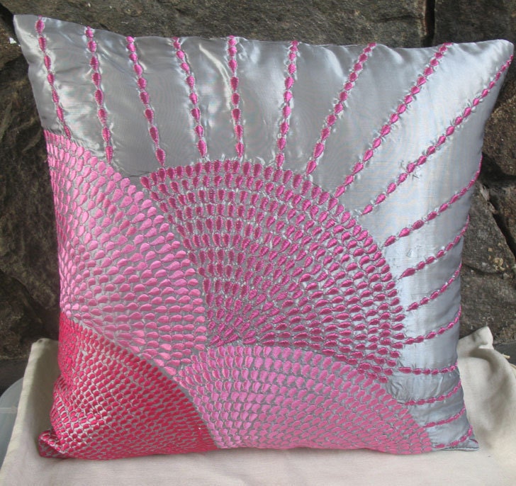 silver decorative throw pillow cover with pink circle embroidery 18 inch cushion cover
