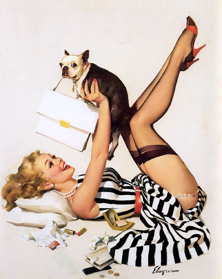 Free US shipping Handprinted Cotton Art Reprodn Applique Vintage Sexy Pin-up Girl Gil Elvgren "Lucky dog" , 1958