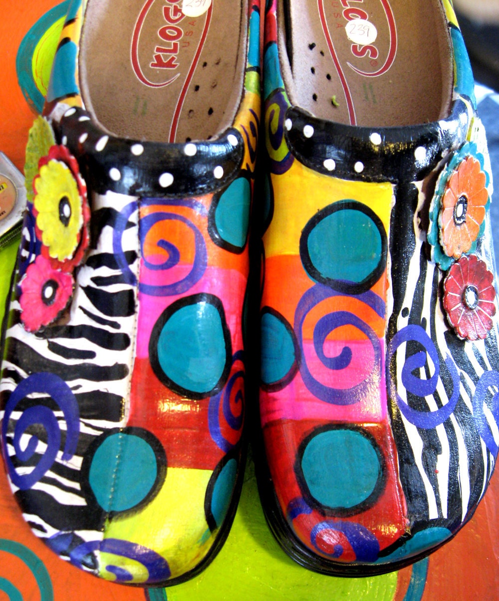 Hand painted leather Klog Shoe size 11