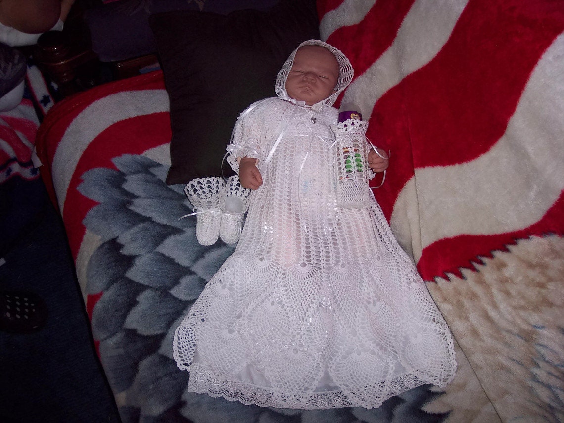 Christening / Baptism gown, Hand crocheted with bonnet, booties, under slip, and bottle cover