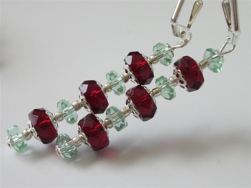 Czech Glass Earrings, Garnet Red, Faceted Green Hand cut Crystals