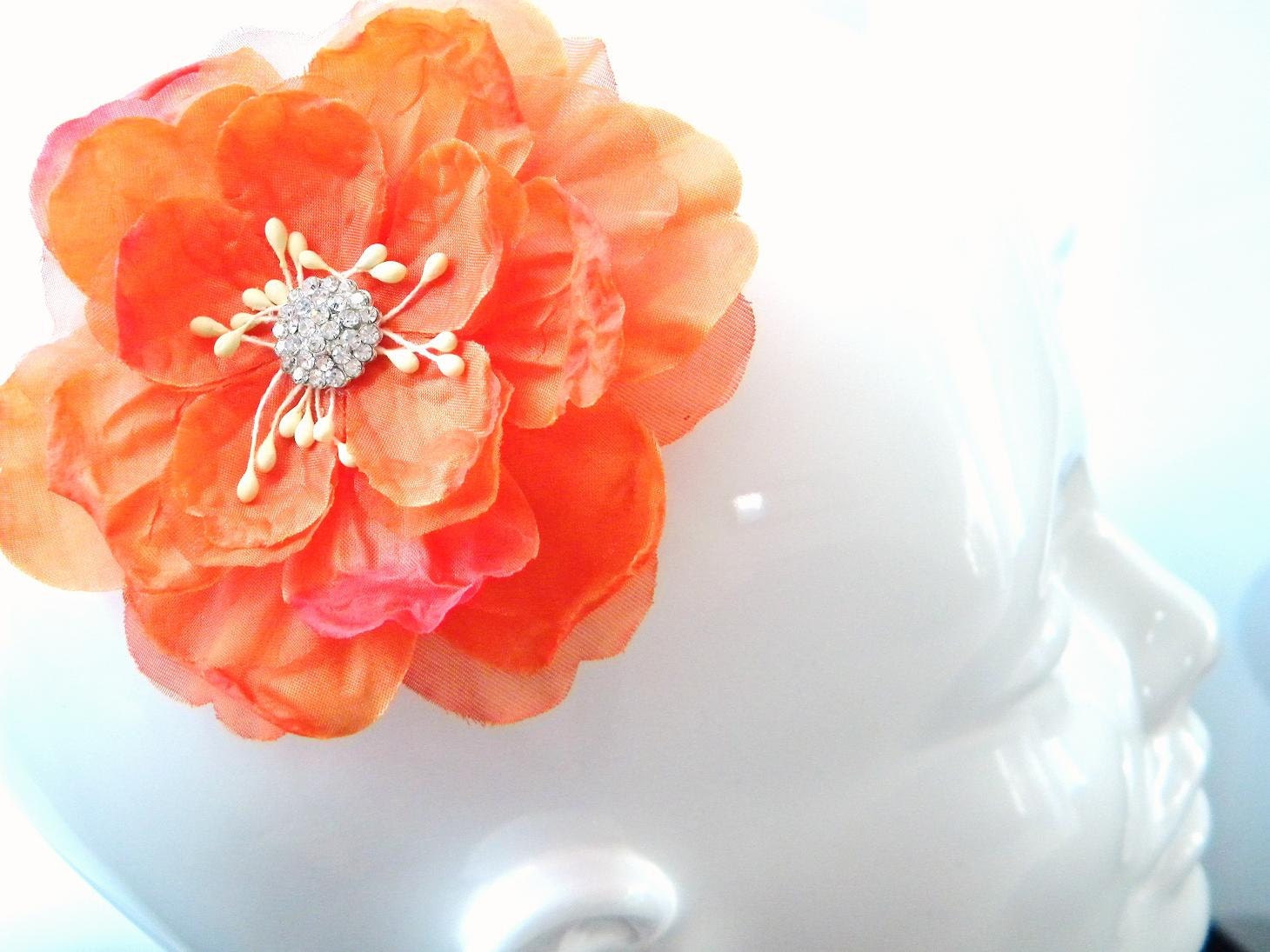 Coral Orange Statement Hair Piece Wedding Occasion Flower Accesory with Rhinestones