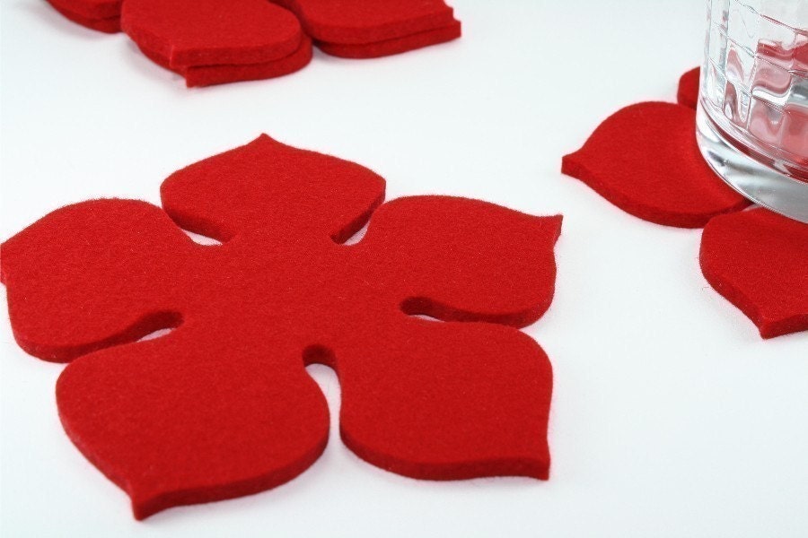 Poinsettia Felt Coasters in 5MM Thick Virgin Merino Wool Felt-FIRE