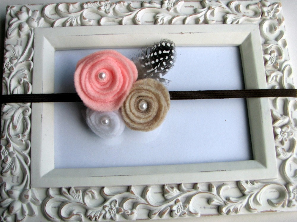 Felt Flower Trio Headband - A Bouquet of Light Pink, Oatmeal and White Flowers with Pearl and Feather Accent
