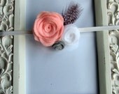Felt Flower Trio Headband - A Bouquet of Light Pink, Grey and White Flowers with Feather Accent