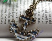 Pretty retro copper boat anchor with white crystals necklace pendant jewelry vintage style