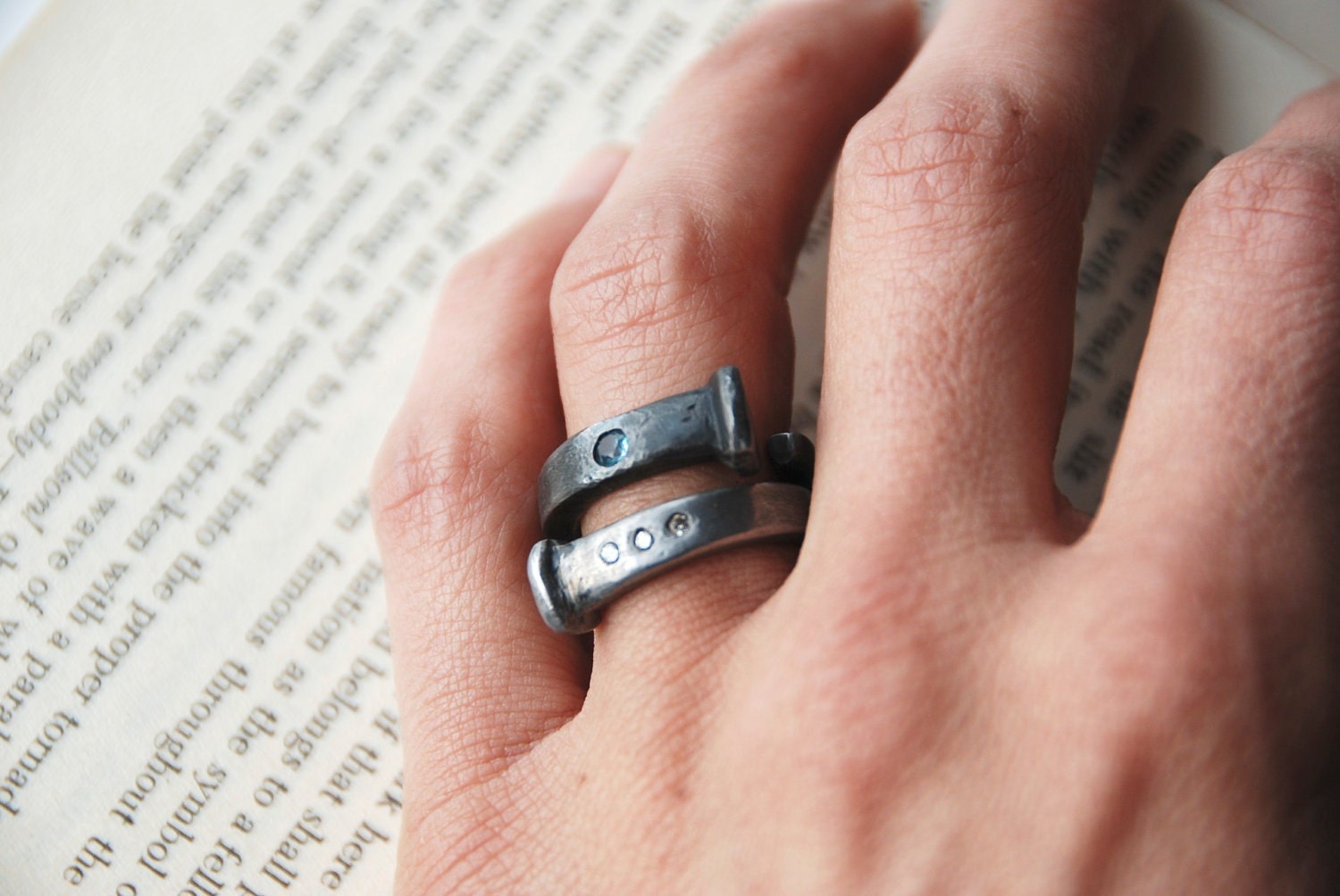 Alternative Wedding Band Steampunk Luxury Gift Swiss Blue Topaz And Antique Barn Nail Ring