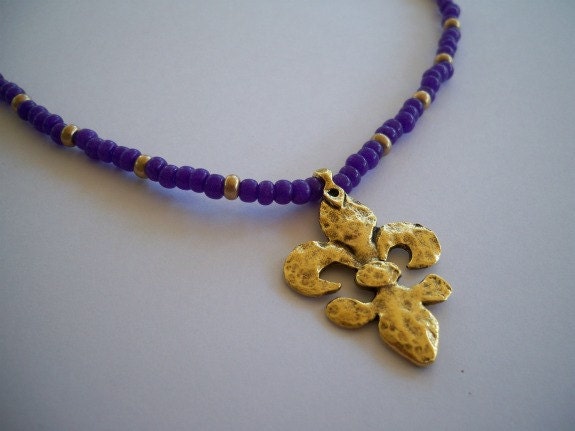 Purple and Gold Fleur de Lis Stretch Necklace
