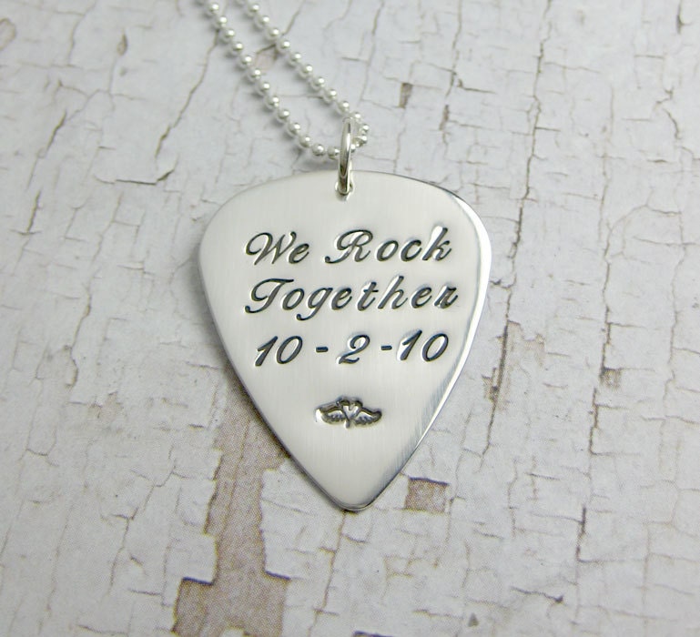 Personalized Silver Guitar Pick Necklace - 25-49 characters