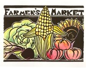 Farmer's Market original block print 5x7, hand-colored in watercolors