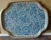 Mid Century English Toleware Tray In Blue Paisley