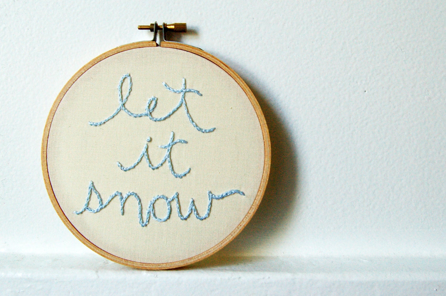 Embroidered Hoop Art, Decor. "Let It Snow" Creamy White and Ice Blue. 5 inch Embroidery Hoop. By merriweathercouncil on Etsy