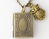 Sale Book Locket Necklace, Owl Necklace Pendant, Picture Locket Photo Locket, Book Necklace, Owl Jewelry