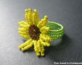 Sunflower Cocktail Ring. Beaded Yellow and Brown Flower on a Green Herringbone Band