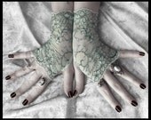 Amelia Lace Fingerless Gloves - Pale Robins Egg Blue - Black Floral - Gothic Vampire Regency Tribal Bellydance Goth Pond Austen Fetish