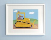 Aardvark in a Bulldozer Nursery Art Print - Construction Bedroom Decor