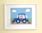 Baby Nursery Decor - Pig Driving a Car Children's Bedroom Art Print