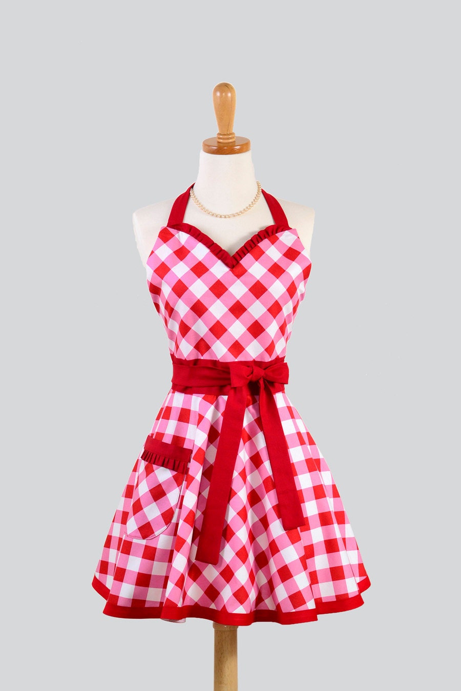 Womens Sweetheart Hostess Apron / Retro Mod Must Have Apron Features Red Pink and White Large Gingham Check on Bias