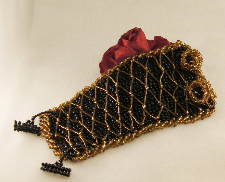 Gothic Bead Embroidered Black and Copper Cuff Bracelet