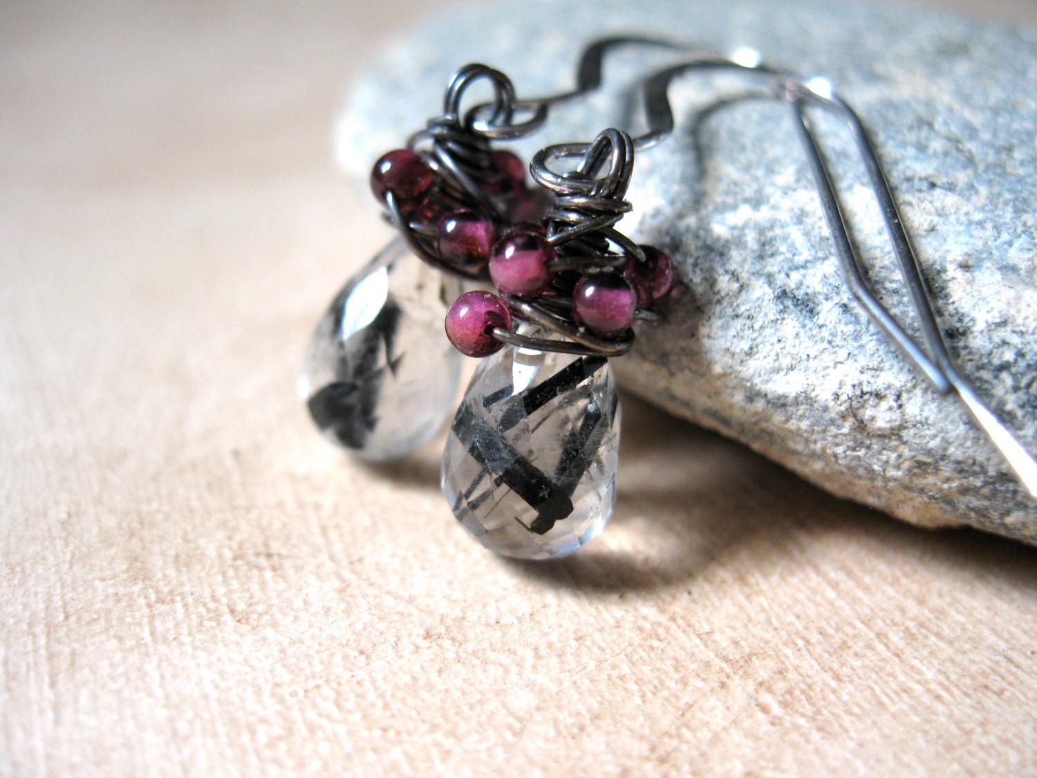 Tourmalinated Quartz, Garnet, Sterling Silver Earrings