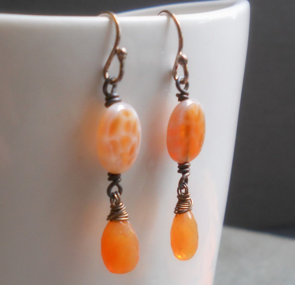 Harvest Glow - Wire wrapped Fire Opal and Orange Crab Agate Oxidized Sterling Silver Earrings October Birthstone