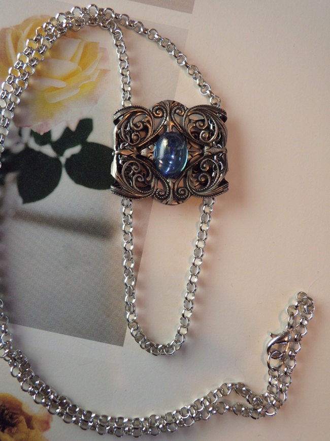 Silver Eyeglass Necklace with Blue Vintage Glass