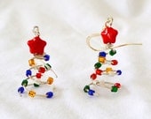 Christmas Earrings.  Christmas trees colorful lights, Sterling Silver with Red stars .