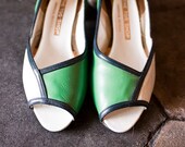 vintage, shoes, mondrian, mod, 6, six, leather, pumps, green, white, heel, peep, toe, womens, mid, century, retro, eames, 1960, 60,