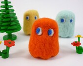 Orange pacman ghost - a wool needle felted monster sculpture