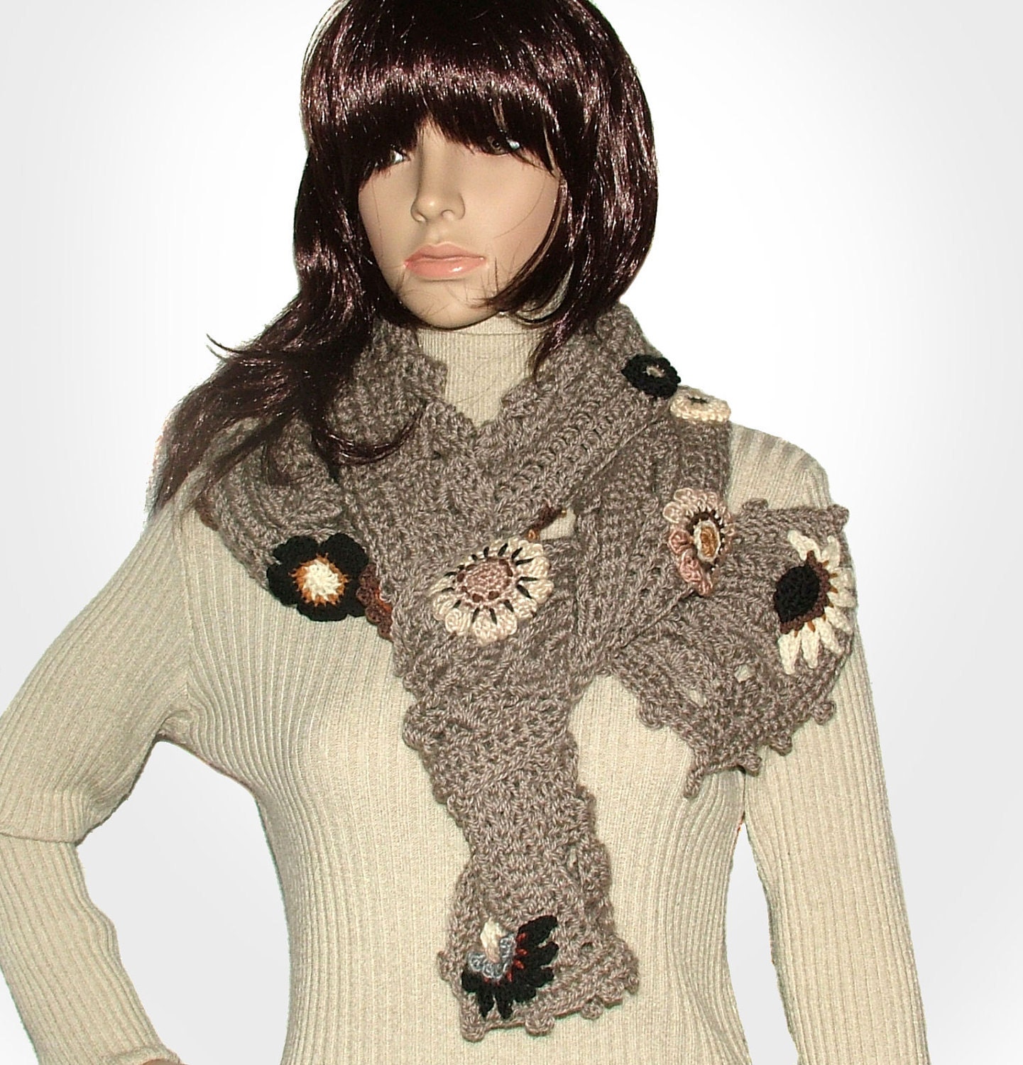 Floral Scarf Crochet OOAK Freestyle - Silky Oak