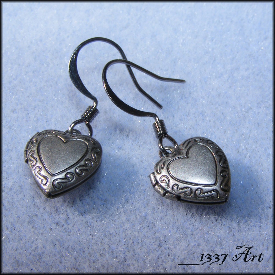 Heart Locket Earrings Gothic Gunmetal Hypoallergenic