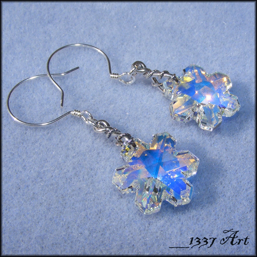 Snowflake Earrings Sterling Silver Swarovski Crystal Aurora Borealis