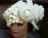 Womens Crochet Hat - Crochet Beret Hat - Wool Beret Hat, Ivory Beret Hat with Crochet Flower - Winter Accessories - Chunky Accessories