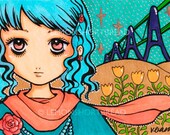 ACEO Art Print Girl With Rose Brooch , Pop Cute Aqua Peach Orange - Limited Edition 1/25