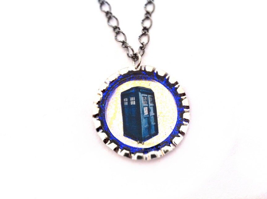 Police Box Necklace, Doctor Who Inspired Resin Silver Bottle Cap Pendant