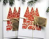 Hand Printed Original Lino Print Christmas Trees Card Pack