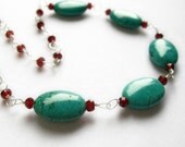 Turquoise and garnet gemstone wire wrapped chain necklace