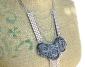 Raining Rhinestones- long modern necklace with Vintage rhinestone panels, and hand turned tattered roses