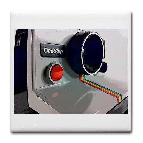 Coaster Tile Vintage Polaroid Camera Retro Pictures Stripes Red Button Rainbow